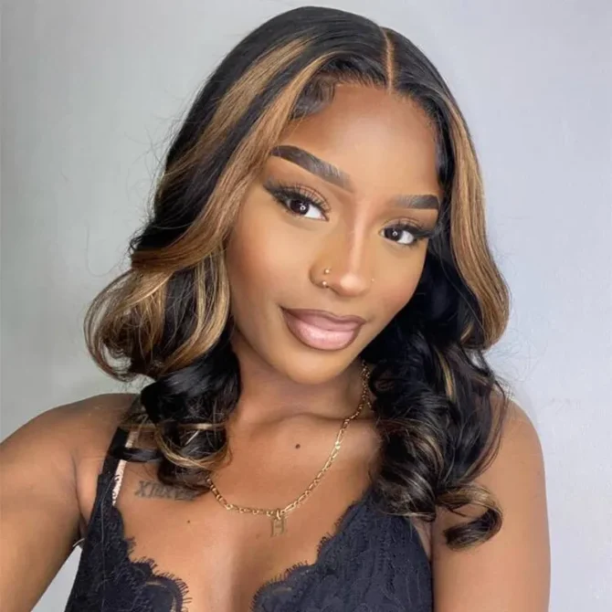 Highlight Color Short Loose Body Wave 6x5 HD Lace Glueless Wig Brown With Blonde 4/27 100% Human Hair