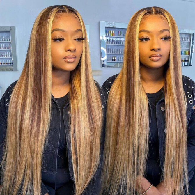 4/27 Highlight Straight 6x5 Wear Go 13x4 HD Glueless Lace Front Wig Honey Blonde Mix Brown Color