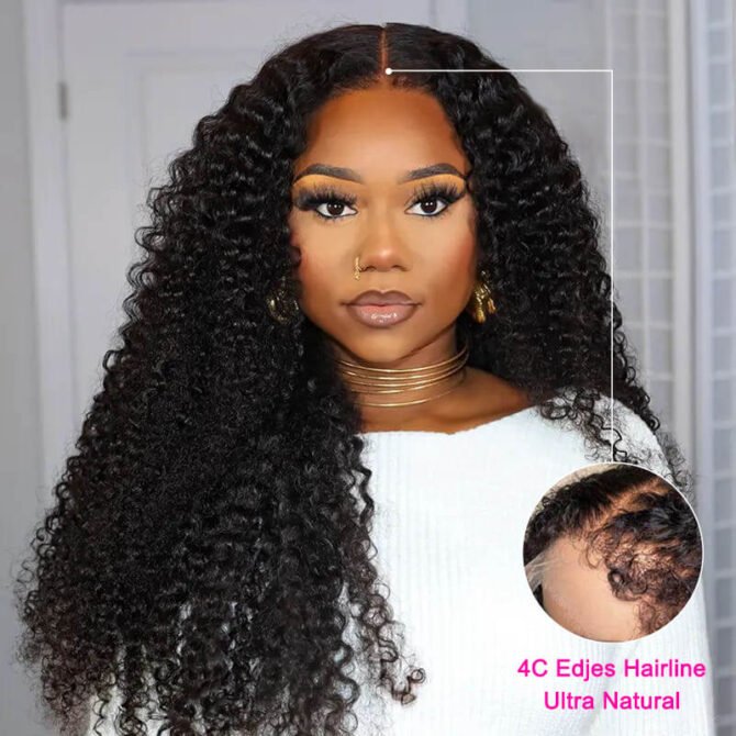 4C Edges Hairline | Curly Hair 5x5 13x4 HD Lace Frontal Glueless Human Hair Wig Realistic Kinky Hairline