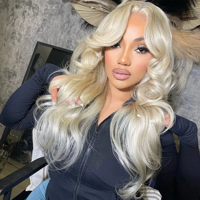 613 Blonde Body Wave Wig With Curtain Bangs Glueless Human Hair Pre Cut 6x5 Lace
