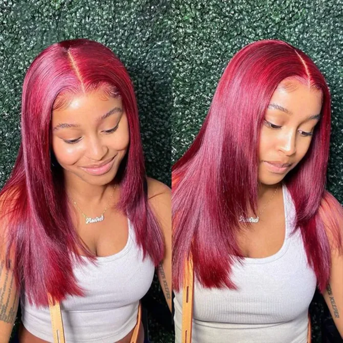 Straight Layered Cut 99J Burgundy Color Human Hair Wear Go Glueless 6x5 HD Lace Closure Wig