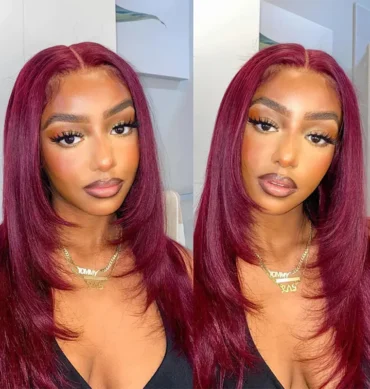 Straight Layered Cut 99J Burgundy Color Human Hair Wear Go Glueless 6x5 HD Lace Closure Wig