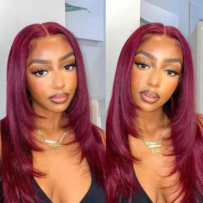 Straight Layered Cut 99J Burgundy Color Human Hair Wear Go Glueless 6x5 HD Lace Closure Wig