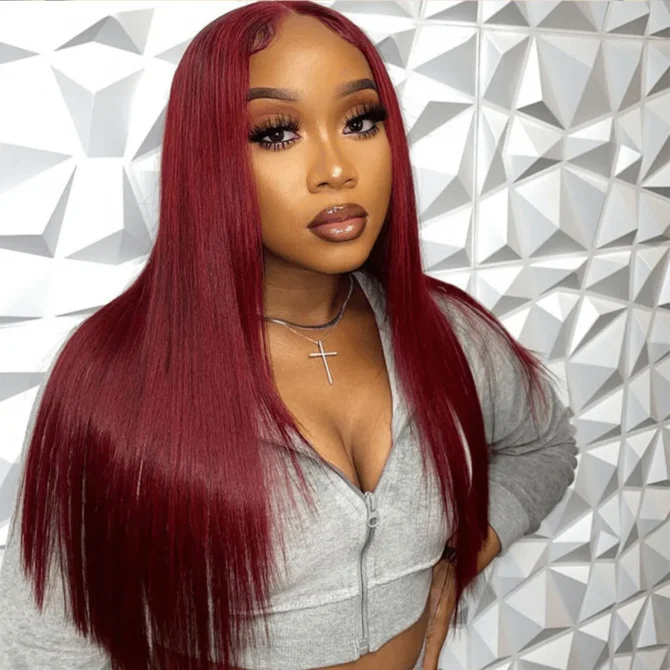 Straight Layered Cut 99J Burgundy Color Human Hair Wear Go Glueless 6x5 HD Lace Closure Wig