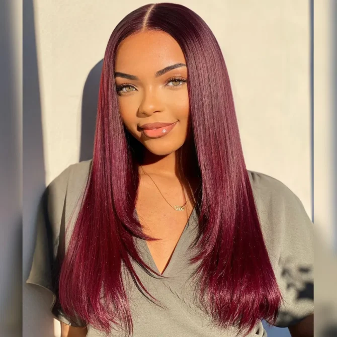 Straight Layered Cut 99J Burgundy Color Human Hair Wear Go Glueless 6x5 HD Lace Closure Wig