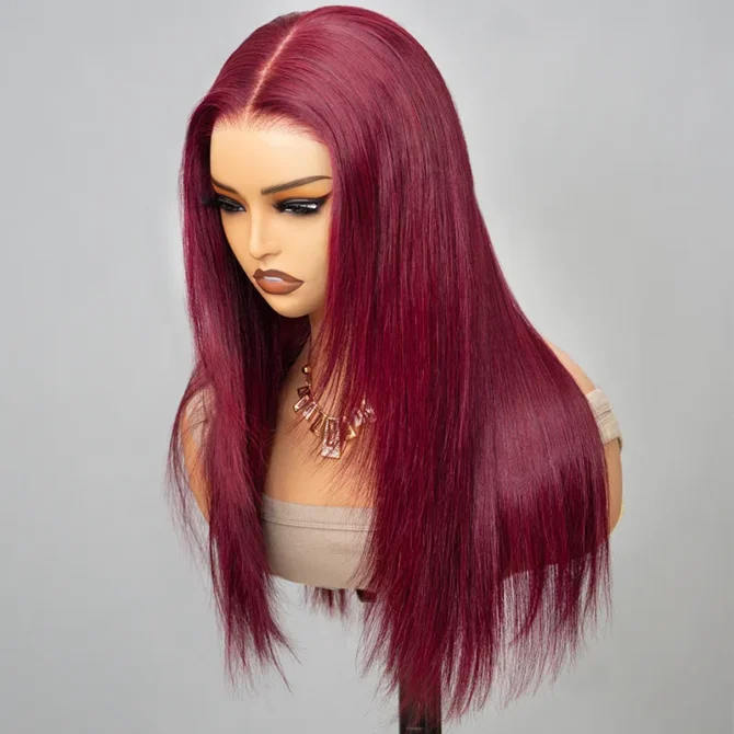 Straight Layered Cut 99J Burgundy Color Human Hair Wear Go Glueless 6x5 HD Lace Closure Wig