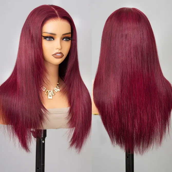 Straight Layered Cut 99J Burgundy Color Human Hair Wear Go Glueless 6x5 HD Lace Closure Wig