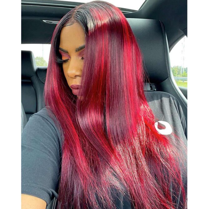 Flash Sale 99J Burgundy with Red Highlight Straight Hair Glueless 13x4 HD Lace Frontal Wig Piano Color Unit