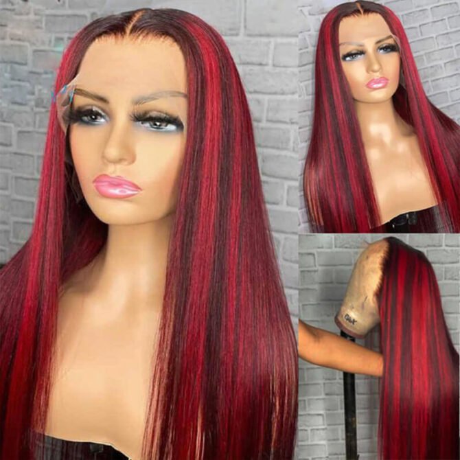 Flash Sale 99J Burgundy with Red Highlight Straight Hair Glueless 13x4 HD Lace Frontal Wig Piano Color Unit