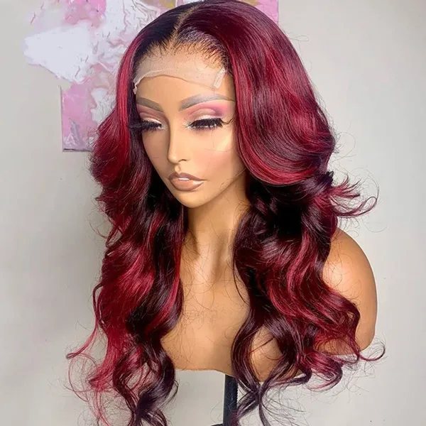 Burgundy Color Body Wave with Red Highlight 13x4 HD Lace Frontal Wig Piano Color Unit