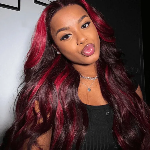 Burgundy Color Body Wave with Red Highlight 13x4 HD Lace Frontal Wig Piano Color Unit