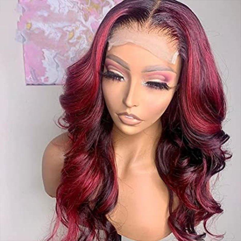 Burgundy Color Body Wave with Red Highlight 13x4 HD Lace Frontal Wig Piano Color Unit