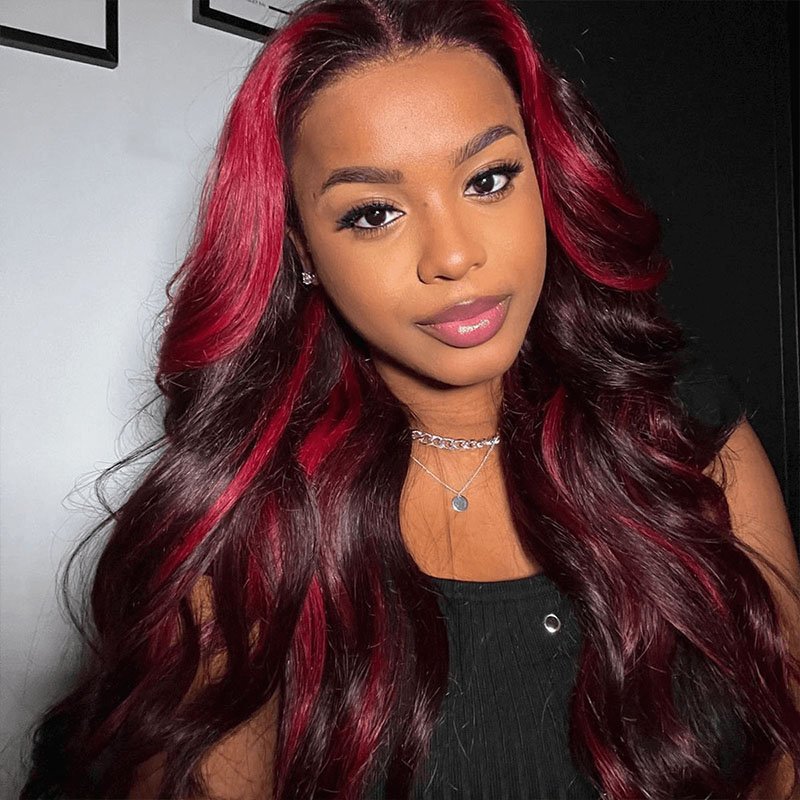 Burgundy Color Body Wave with Red Highlight 13x4 HD Lace Frontal Wig Piano Color Unit