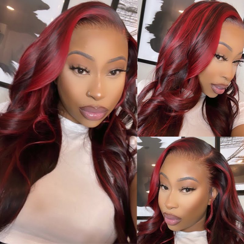 Burgundy Color Body Wave with Red Highlight 13x4 HD Lace Frontal Wig Piano Color Unit