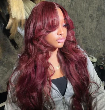Curtain Bangs 99J Burgundy Color Body Wave 6x5 HD Lace Glueless Human Hair Wig Pre Cut & Plucked