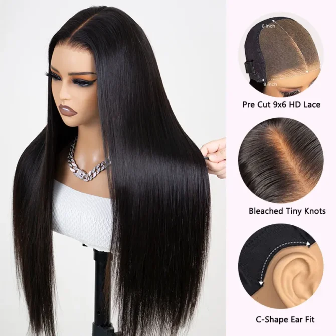 Straight Hair 9x6 Lace Human Hair Wear Go Glueless Wig M-Cap Pre Bleached Knots