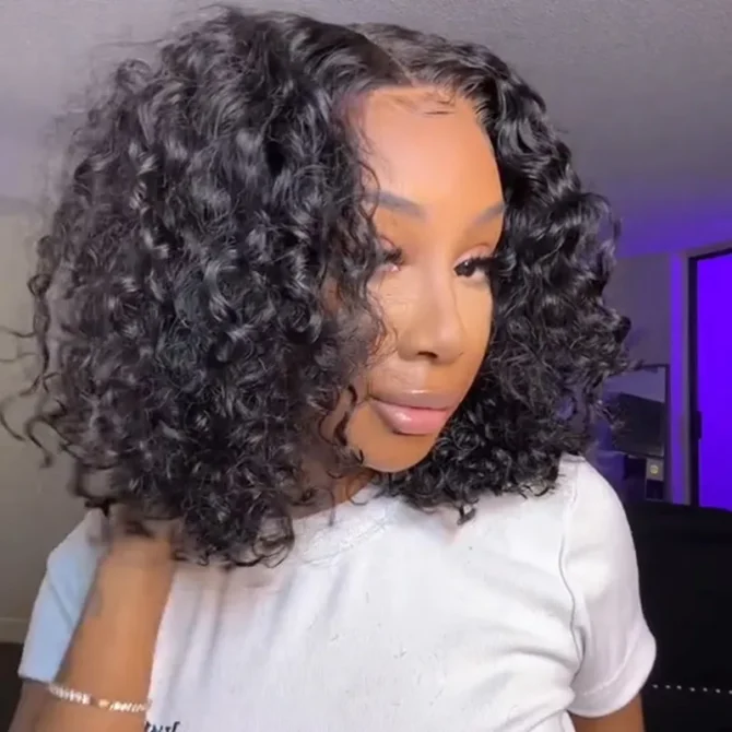 Bouncy Water Wave Short Human Hair Glueless Wig 6x5 Lace Bleached Knots 180% Density