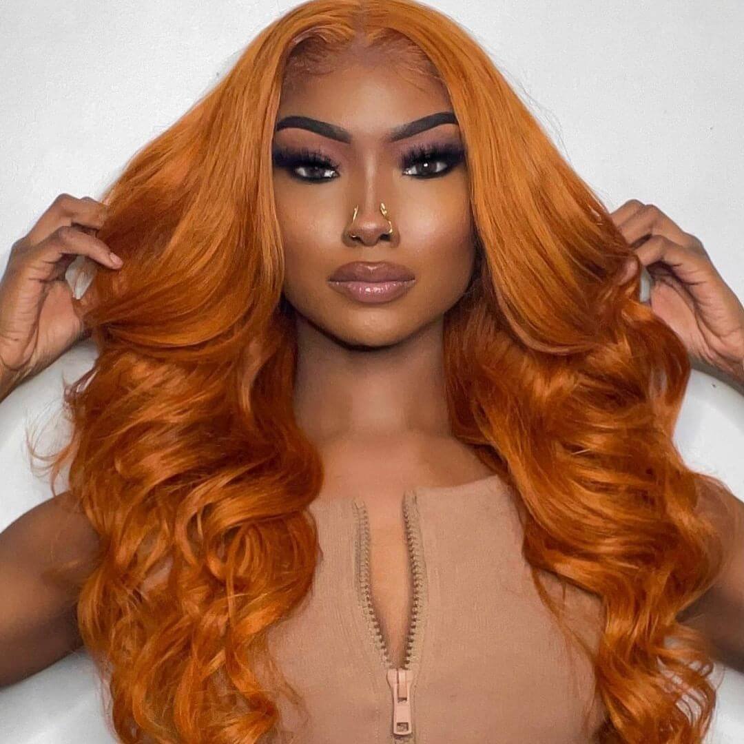 Ginger Orange Color 13x4 HD Lace Front Wig Body Wave Human Hair Wigs 180% Density