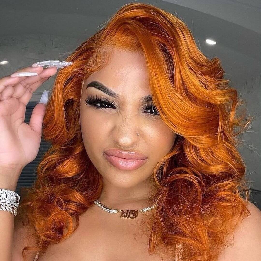 Ginger Orange Color 13x4 HD Lace Front Wig Body Wave Human Hair Wigs 180% Density