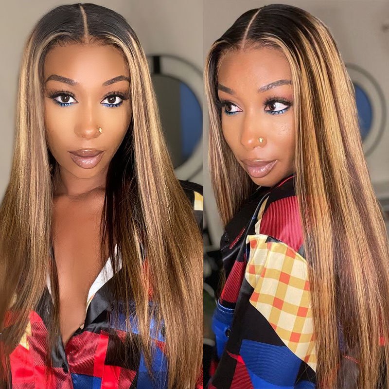 Ombre Highlight Honey Blonde Straight Hair 6x5 13x4 HD Lace Glueless Full Frontal Wig with Dark Roots