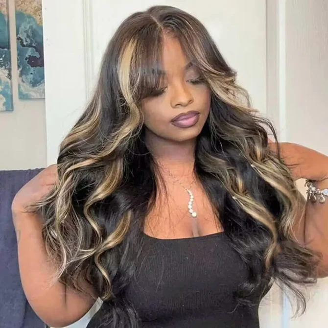 Balayage Highlight Curtain Bangs Body Wave 6x5 HD Lace Layered Glueless Human Hair Wig Pre Cut & Plucked