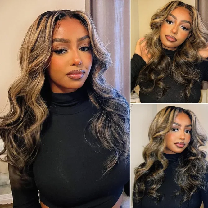 Balayage Highlight Curtain Bangs Body Wave 6x5 HD Lace Layered Glueless Human Hair Wig Pre Cut & Plucked