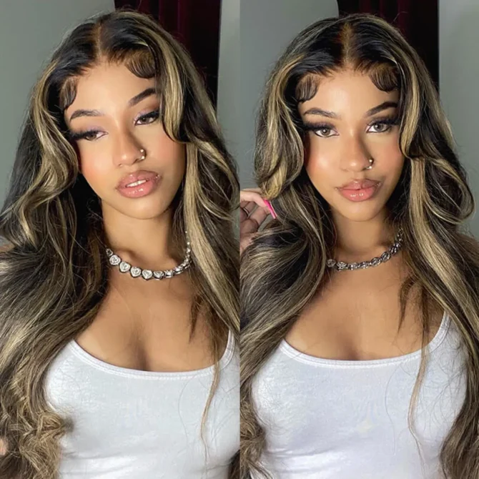 Balayage Highlight Curtain Bangs Body Wave 6x5 HD Lace Layered Glueless Human Hair Wig Pre Cut & Plucked
