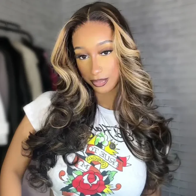 Brown With Blonde Color Balayage Highlight 6x5 Lace Glueless Straight/Body Wave Human Hair Wig