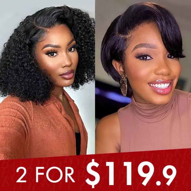 2 for $119.9 | Curly 6x5 Lace Short Bob Wear Go Glueless Wig + Pixie Cut Straight Short Salon Hairstyle Human Hair Glueless Wig
