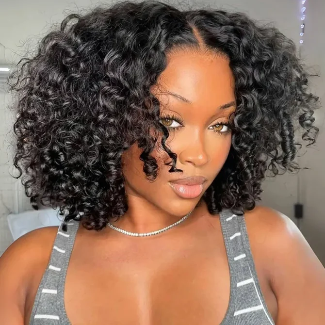 Bouncy Water Short Curly Human Hair Glueless 6x5 Lace Closure Wig Pre Plucked & Bleached Knots