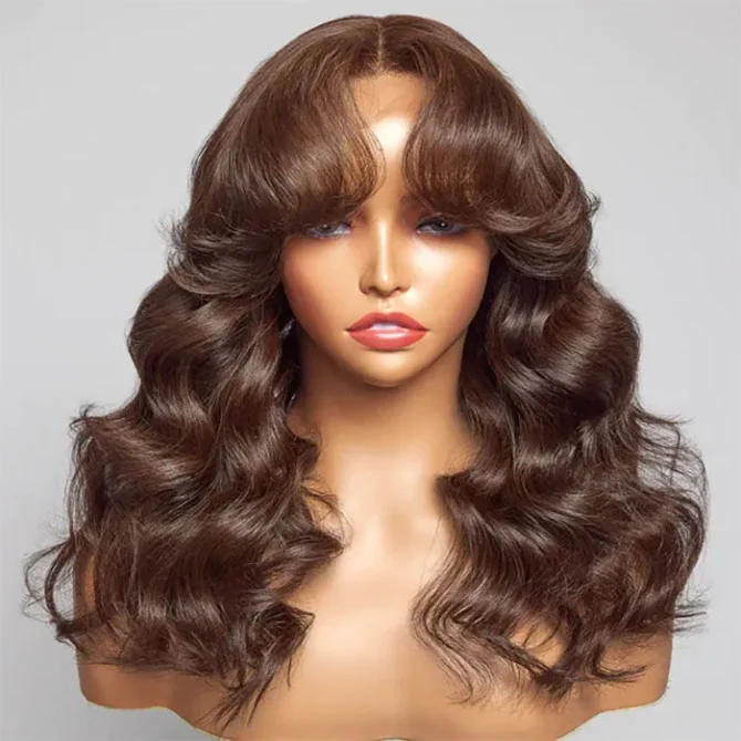 Curtain Bangs Brown Color Body Wave 6x5 HD Lace Glueless Human Hair Wig Pre Cut & Plucked