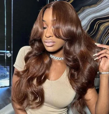 Curtain Bangs Brown Color Body Wave 6x5 HD Lace Glueless Human Hair Wig Pre Cut & Plucked