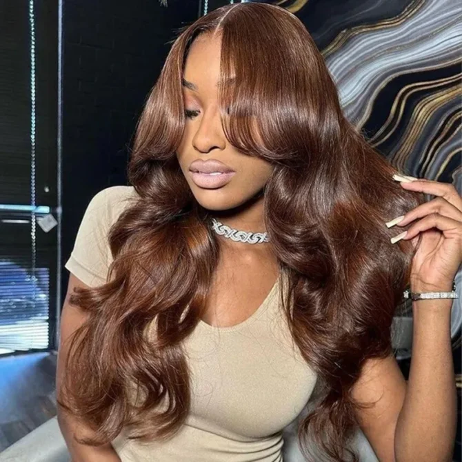 Curtain Bangs Brown Color Body Wave 6x5 HD Lace Glueless Human Hair Wig Pre Cut & Plucked