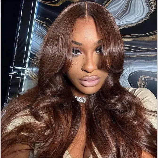 Curtain Bangs Brown Color Body Wave 6x5 HD Lace Glueless Human Hair Wig Pre Cut & Plucked