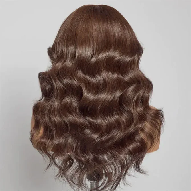 Curtain Bangs Brown Color Body Wave 6x5 HD Lace Glueless Human Hair Wig Pre Cut & Plucked