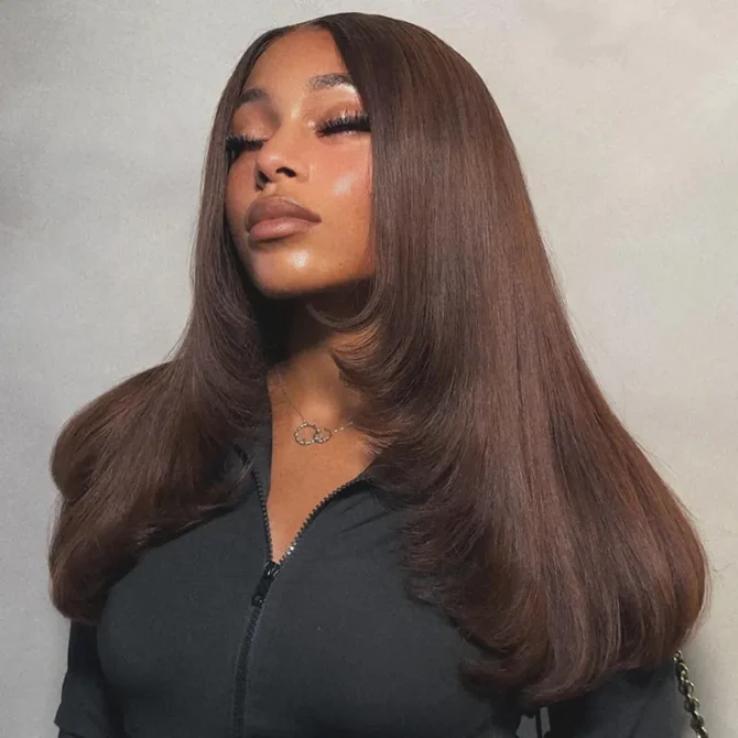 Trendy Layered Design Brown Color Human Hair Straight Wear Go Glueless 6x5 HD Lace Closure Wig Shoulder Length