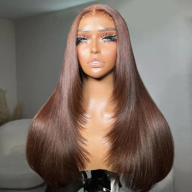 Trendy Layered Design Brown Color Human Hair Straight Wear Go Glueless 6x5 HD Lace Closure Wig Shoulder Length