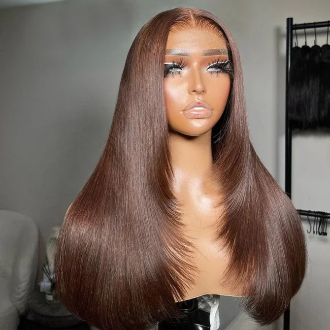 Trendy Layered Design Brown Color Human Hair Straight Wear Go Glueless 6x5 HD Lace Closure Wig Shoulder Length