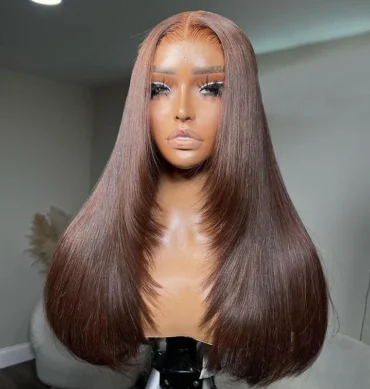 Trendy Layered Design Brown Color Human Hair Straight Wear Go Glueless 6x5 HD Lace Closure Wig Shoulder Length