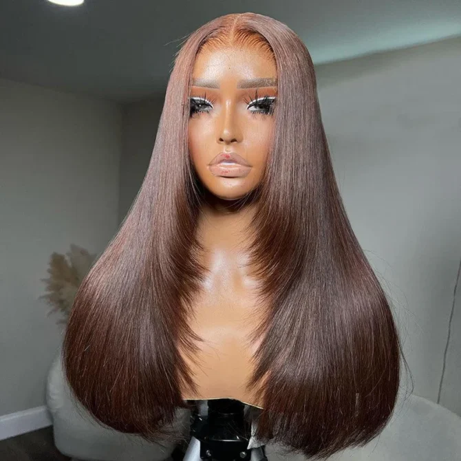 Trendy Layered Design Brown Color Human Hair Straight Wear Go Glueless 6x5 HD Lace Closure Wig Shoulder Length