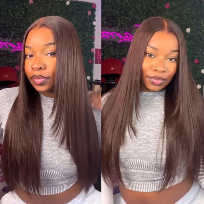 Trendy Layered Design Brown Color Human Hair Straight Wear Go Glueless 6x5 HD Lace Closure Wig Shoulder Length