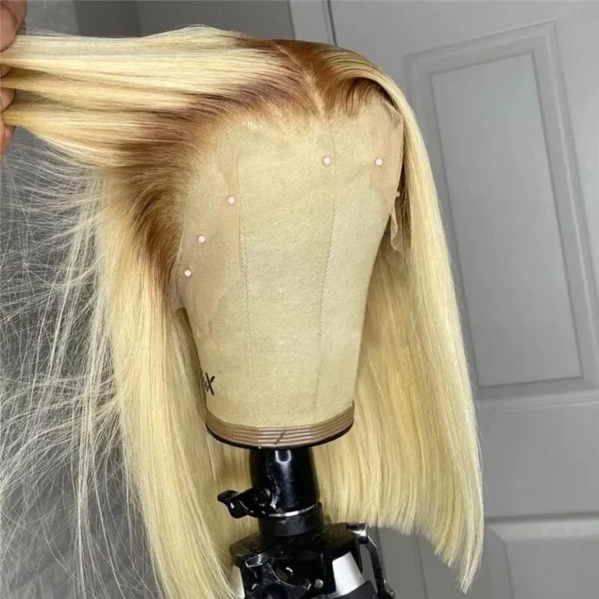 4/613 Blonde Bob Wigs With Dark Brown Roots Ombre 1B/613 13x4 Lace Front Bob Wigs