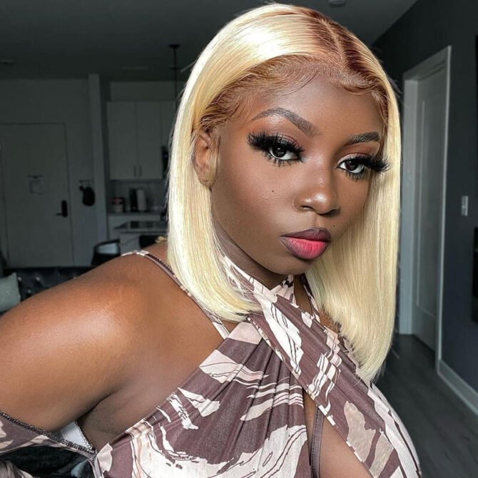 4/613 Blonde Bob Wigs With Dark Brown Roots Ombre 1B/613 13x4 Lace Front Bob Wigs