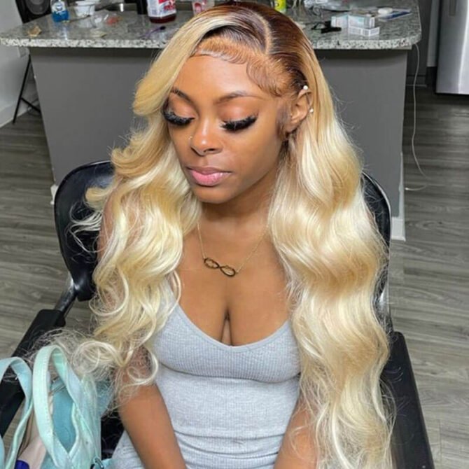 #4/613 Blonde Wig With Brown Roots Straight/Body Wave 13x4 HD Lace Human Hair Wigs
