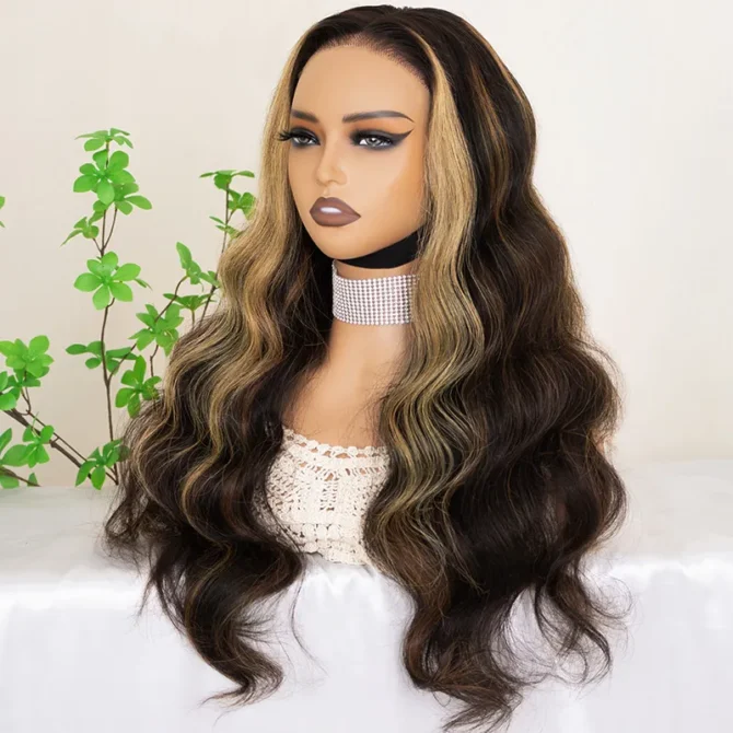 Brown With Blonde Color Balayage Highlight 6x5 Lace Glueless Straight/Body Wave Human Hair Wig