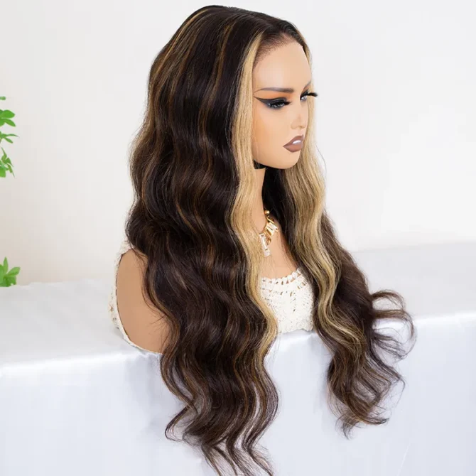 Brown With Blonde Color Balayage Highlight 6x5 Lace Glueless Straight/Body Wave Human Hair Wig