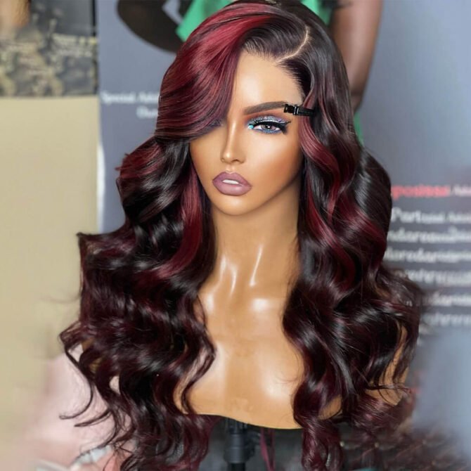 Burgundy Highlight Body Wave Wig P1B/99J Colored Glueless 5x5 13x4 HD Lace Frontal Wig