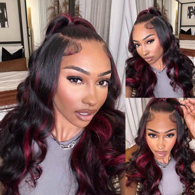 Burgundy Highlight Body Wave Wig P1B/99J Colored Glueless 5x5 13x4 HD Lace Frontal Wig