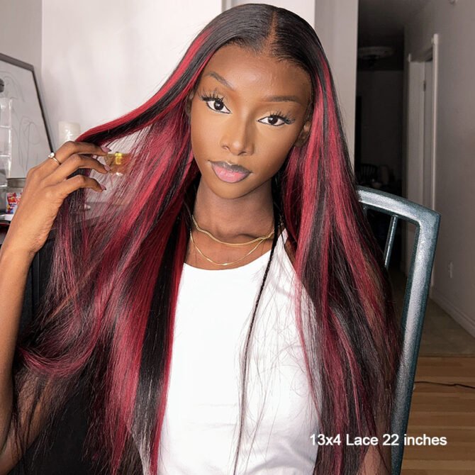 Burgundy Highlight Straight Hair Glueless Wig P1B/99J 13x4 HD Lace Frontal Wig