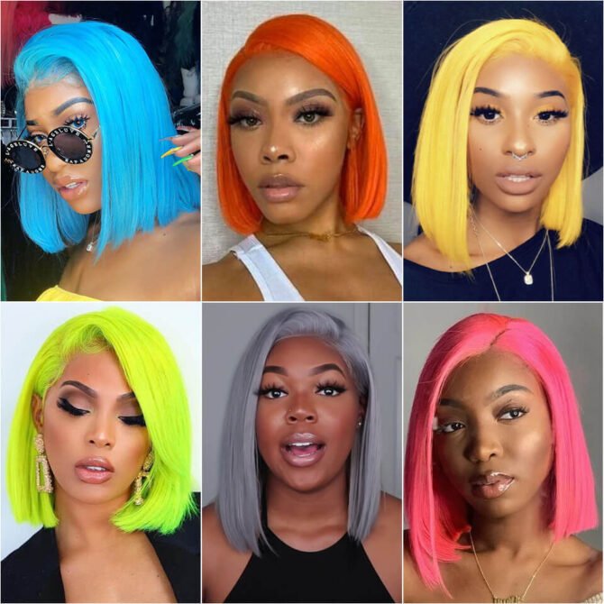 Colorful Straight Bob 13x4 Lace Front Wig Blue Orange Pink Green Grey Yellow Color
